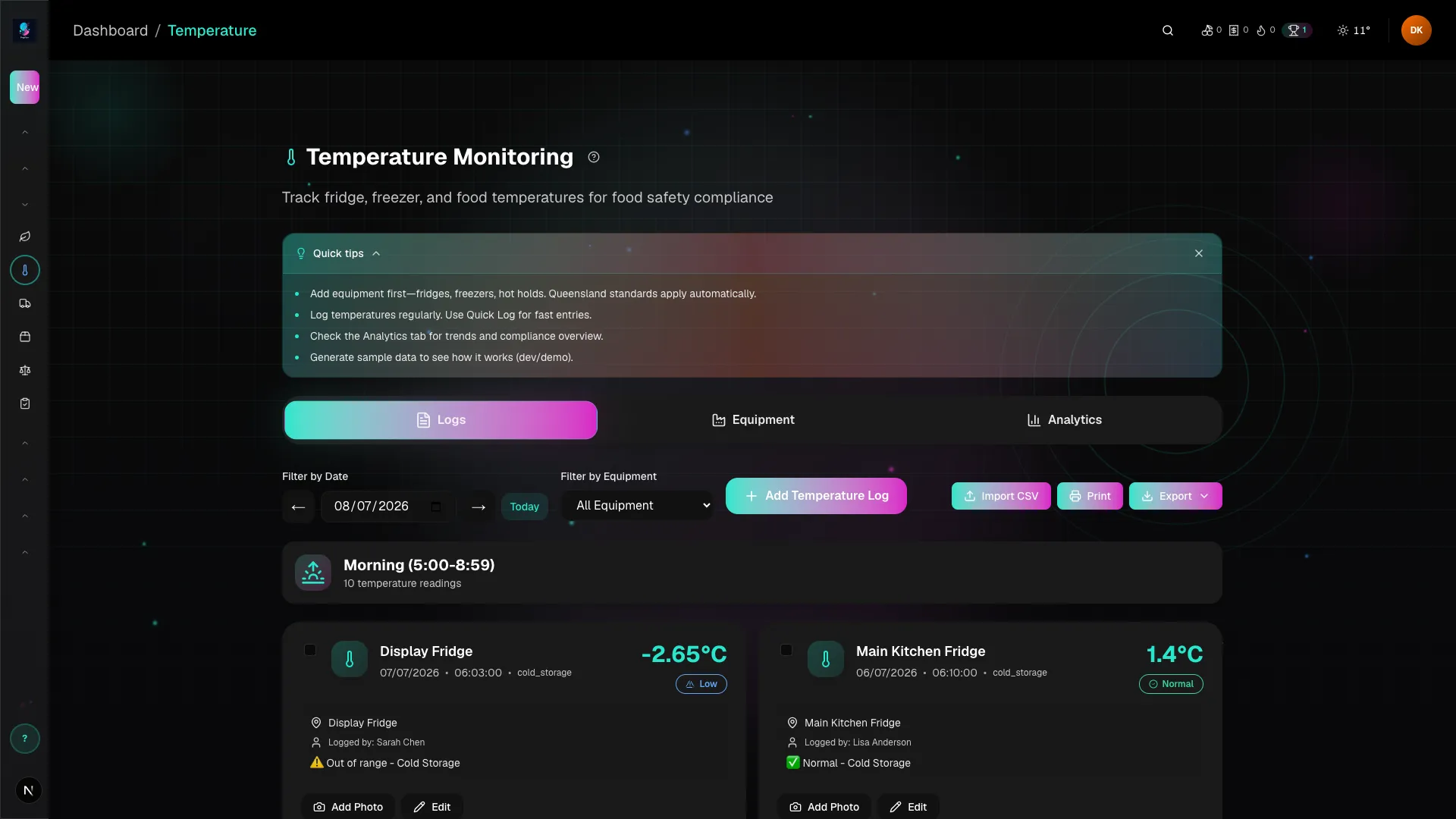 Temperature Monitoring — PrepFlow product screenshot